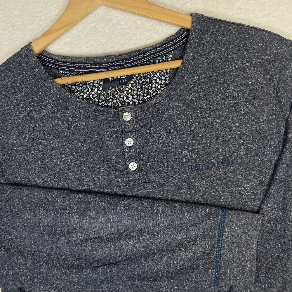 Ted Baker Mens Henley Shirt Long Sleeve Buttons Heathered Gray Medium Chest Logo